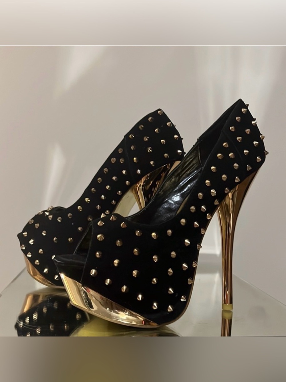 Black Studded Platform Peep-Toe Heels with Gold Accents